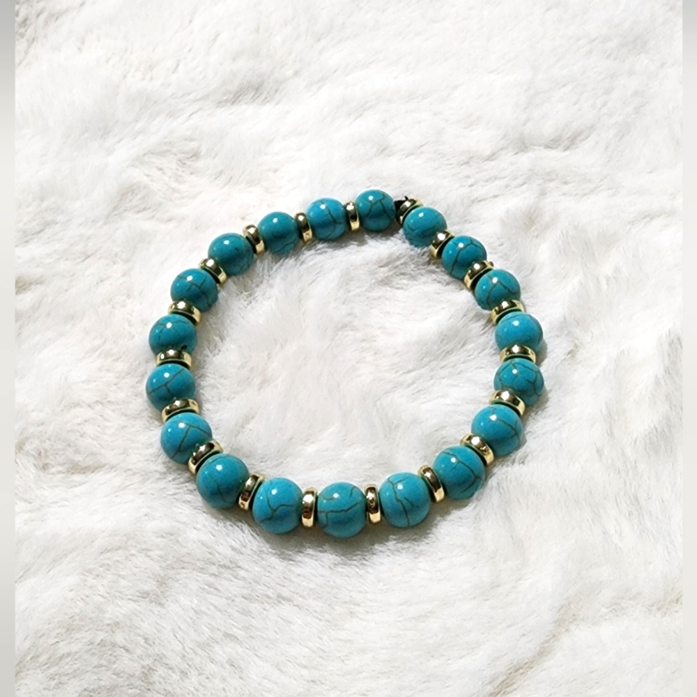 Handmade Elastic Blue Marbled and Gold Accent Bracelet Women's Unisex